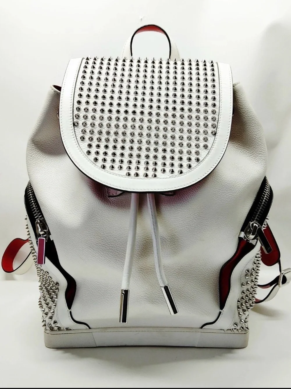 Christian Louboutin White Studded Leather Backpack with Red Trim